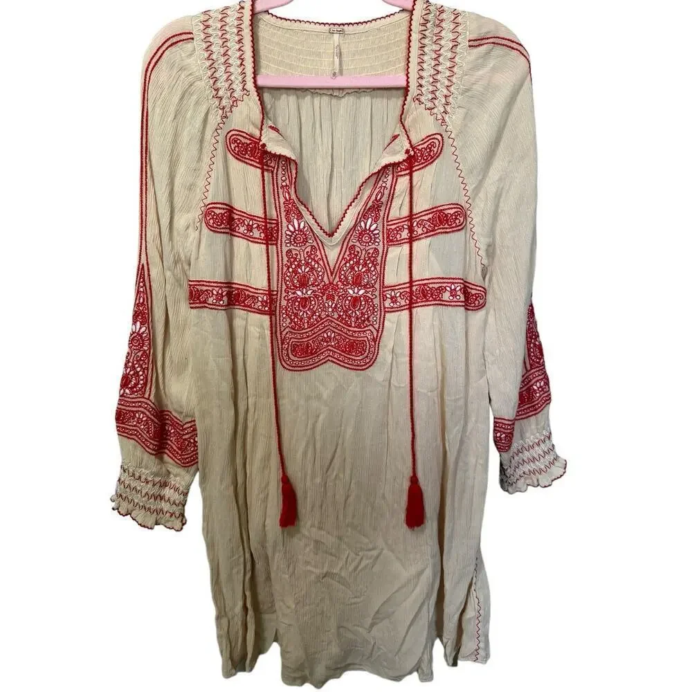 Free People Wind Willow Cashmere Dress Long Sleeve Mini Red Cream Size XS